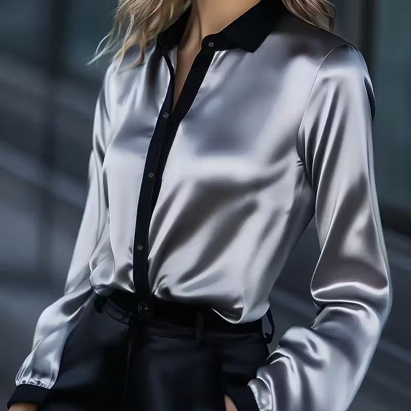 Contrast-Collar Satin Button-Down Shirt