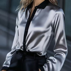 Contrast-Collar Satin Button-Down Shirt