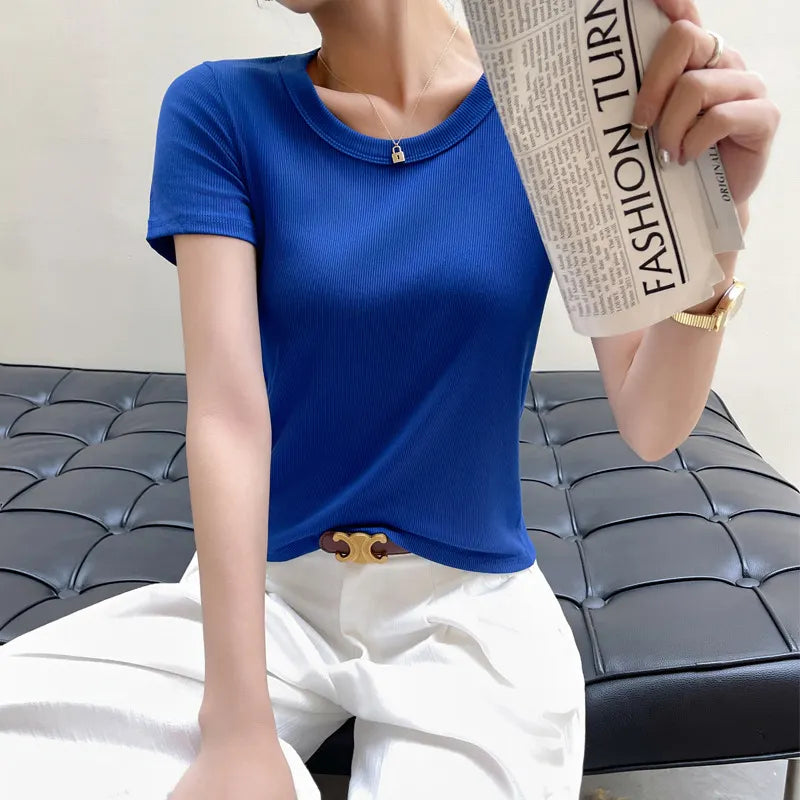 Solid Color Ribbed U-Neck Short Sleeve Loose T-Shirt