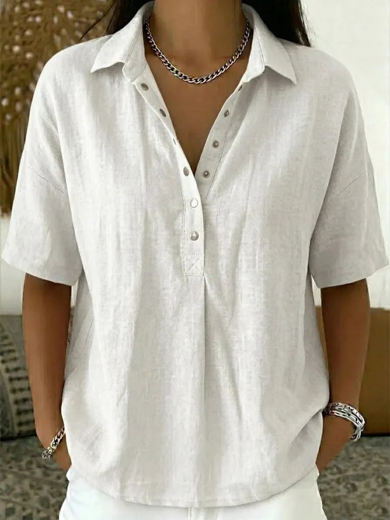 Solid Color Lapel Half-Button Short Sleeve Blouse