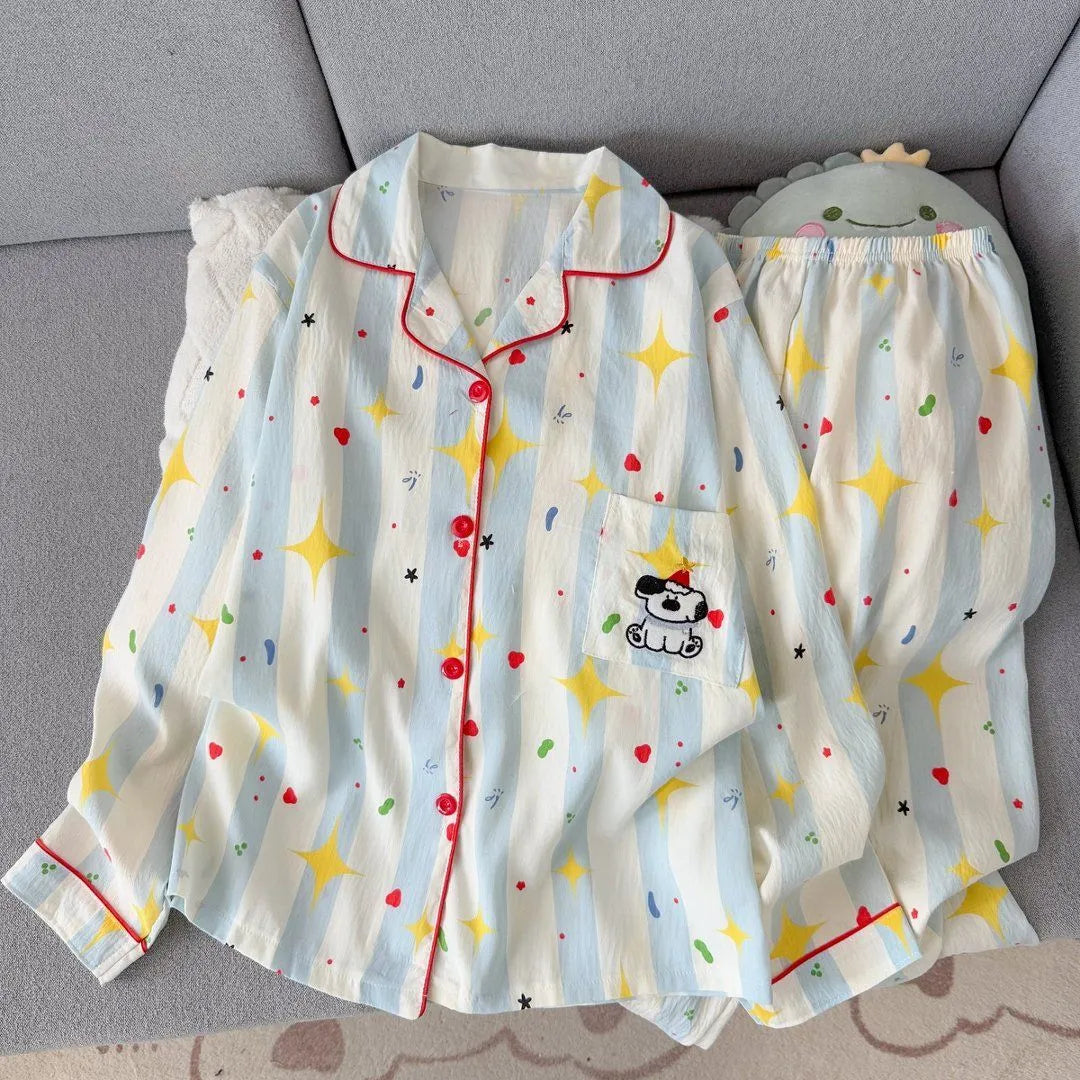 Light Blue Leopard Shirt & Pants 2 Piece Pajamas with Pocket Embroidery