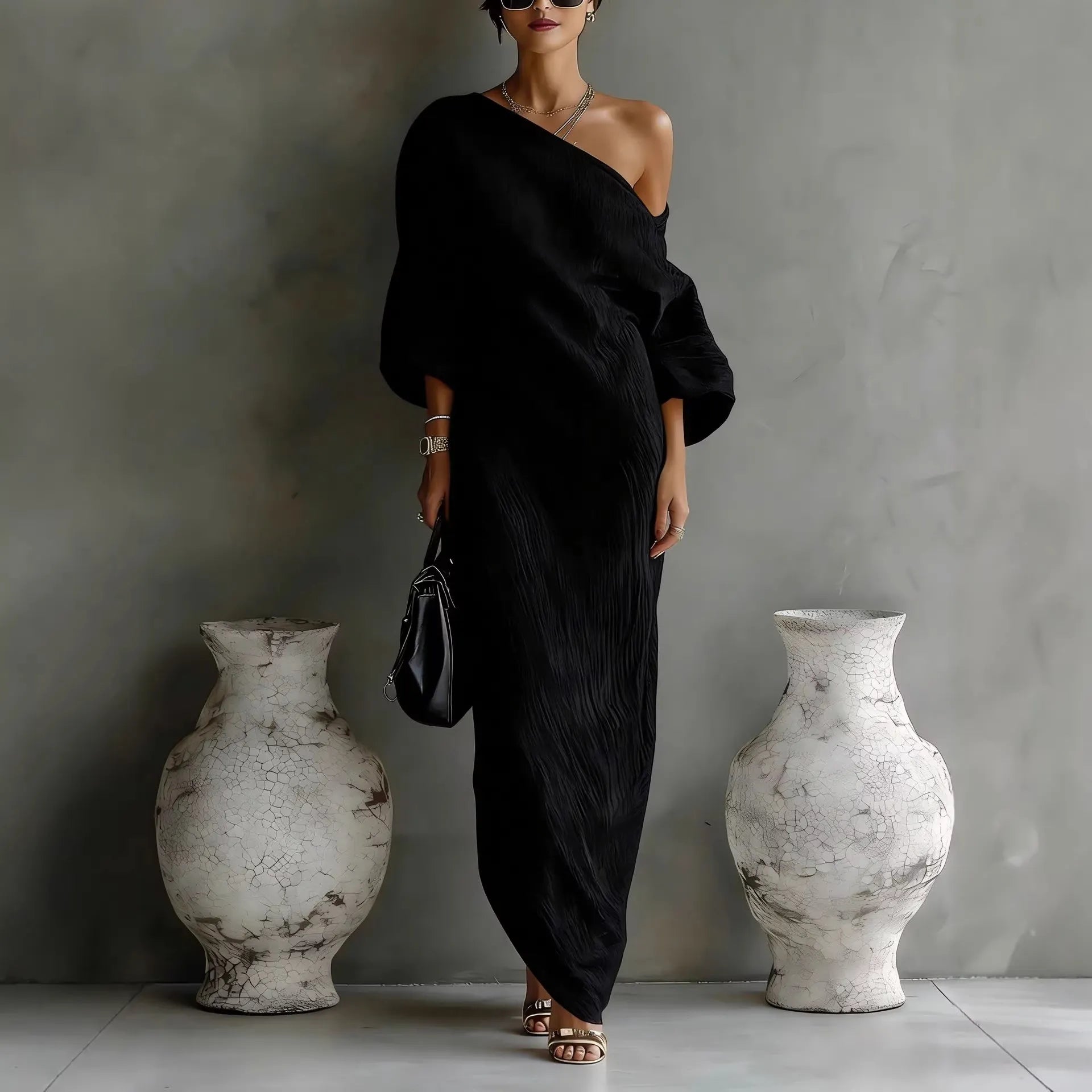 One Shoulder Puff Long Sleeve Ruched Irregular Hem Solid Maxi Dress