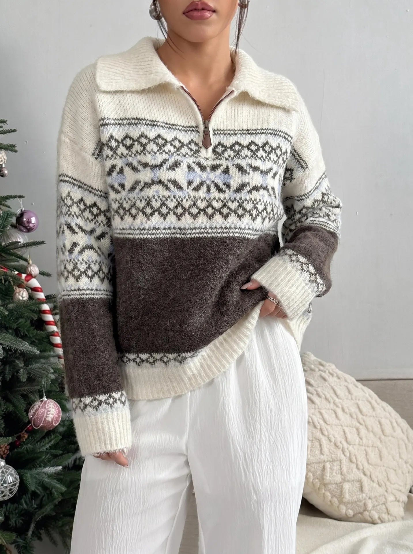 Retro Fair Isle Knit Sweater, Half Zip Lapel Collar Winter Pullover
