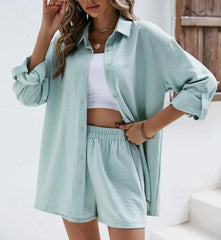 Loose Button Down Shirt & High Waist Shorts Outfit