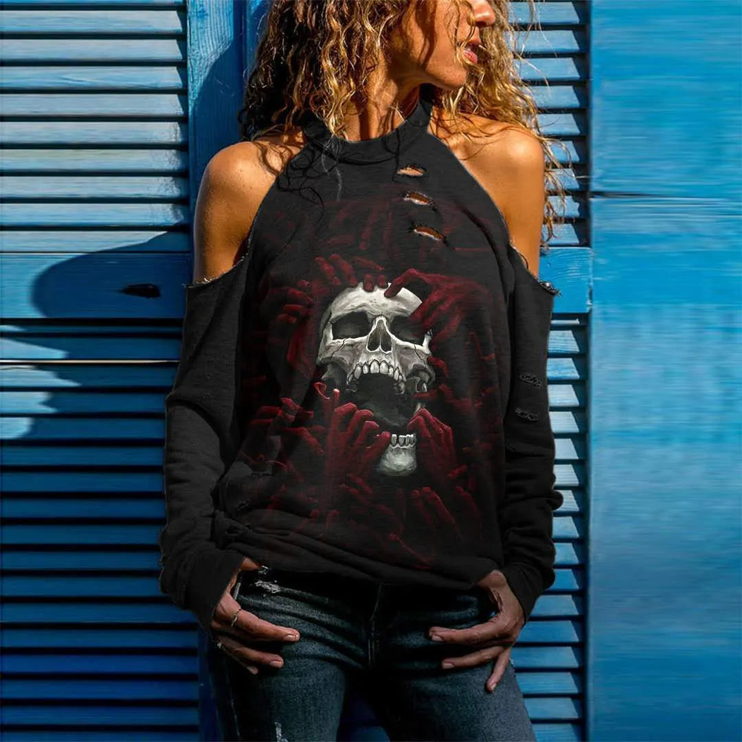 Halloween Skull Print Cold Shoulder Distressed Sweatshirt