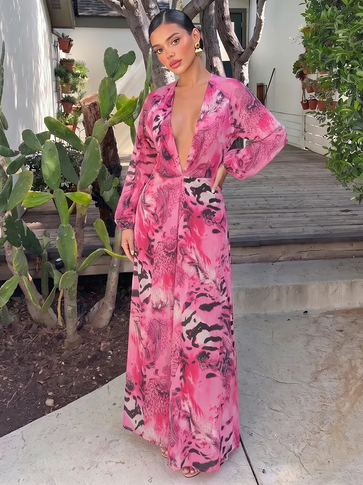 Deep V Neck Green Patchwork Print Maxi Dress