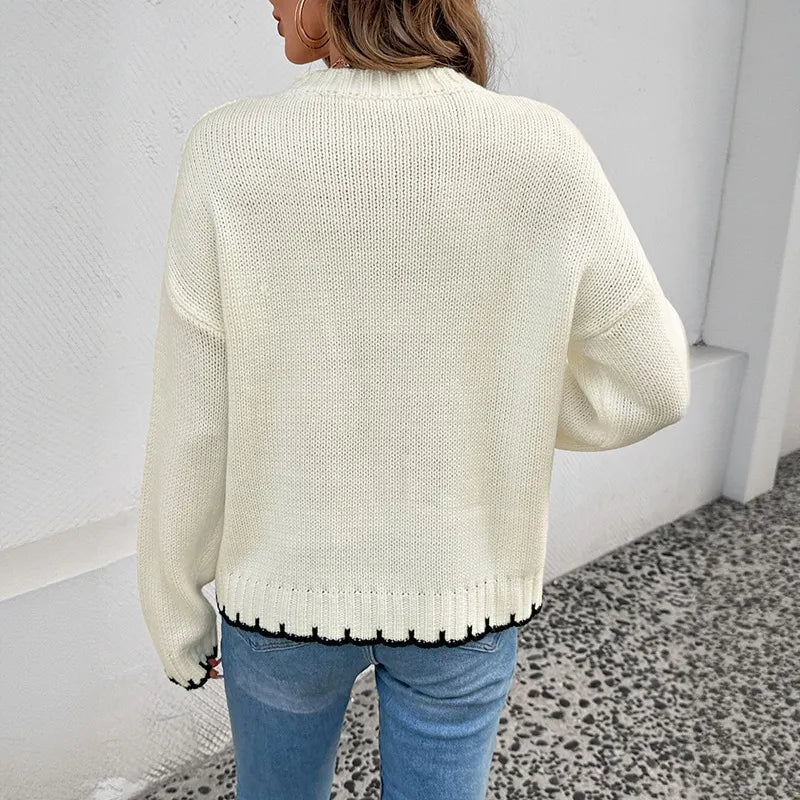 Contrast Cable Knit Round Neck Pullover Sweater