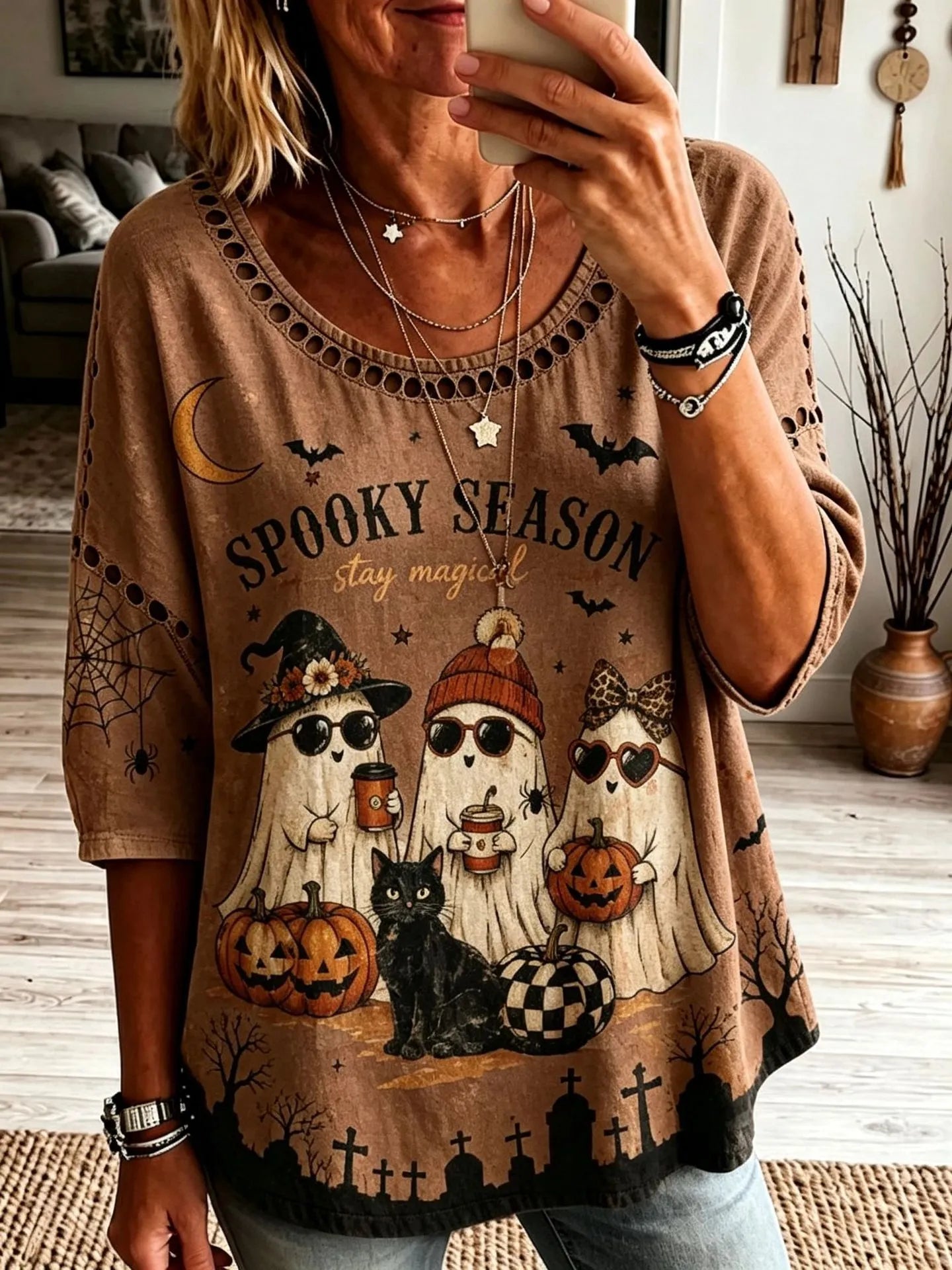 Halloween Spooky Season Ghost Pumpkin Print Crew Neck Short Sleeve T‑Shirt