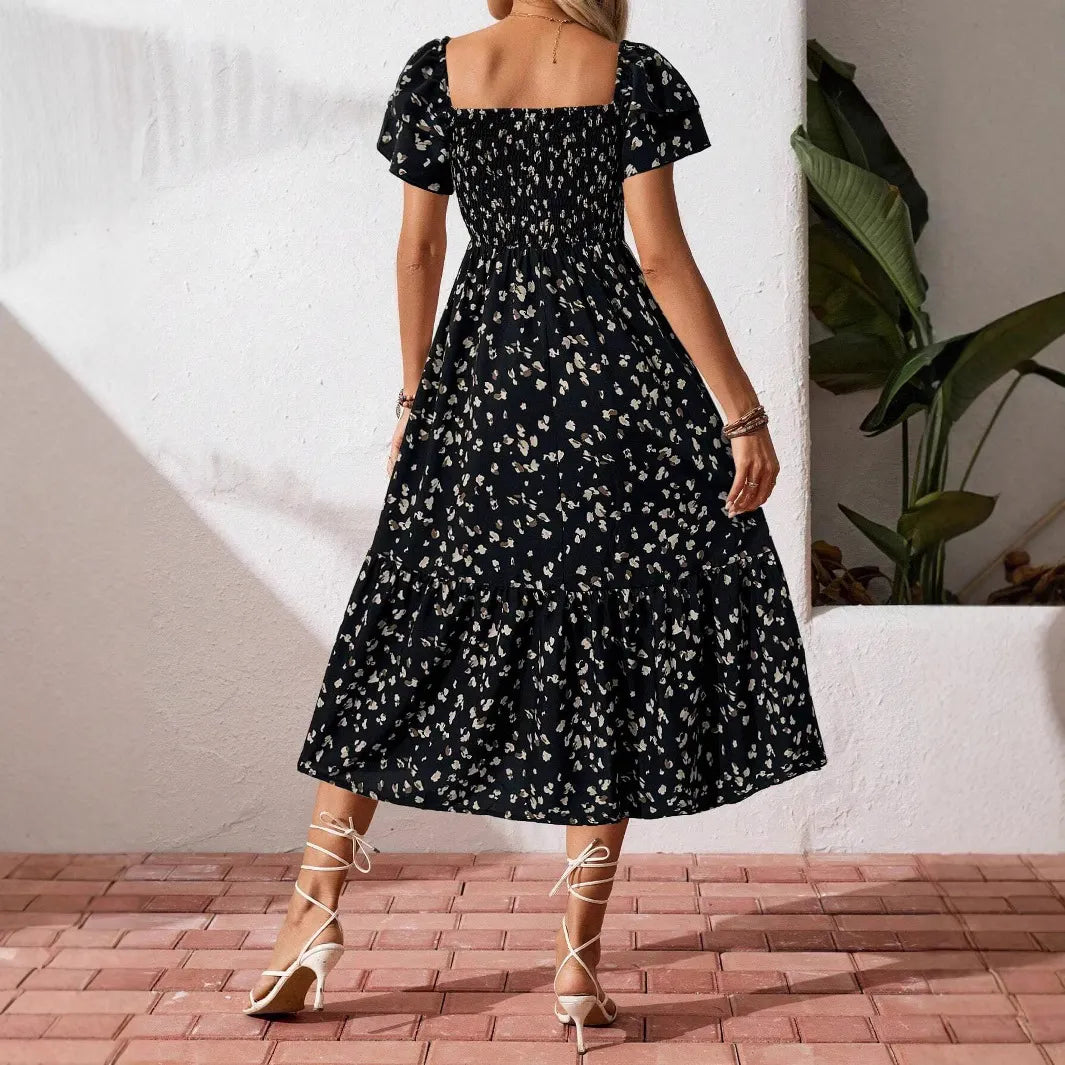 Square Neck Ruffle Sleeve Leopard Print Smocked Waist Midi Dress