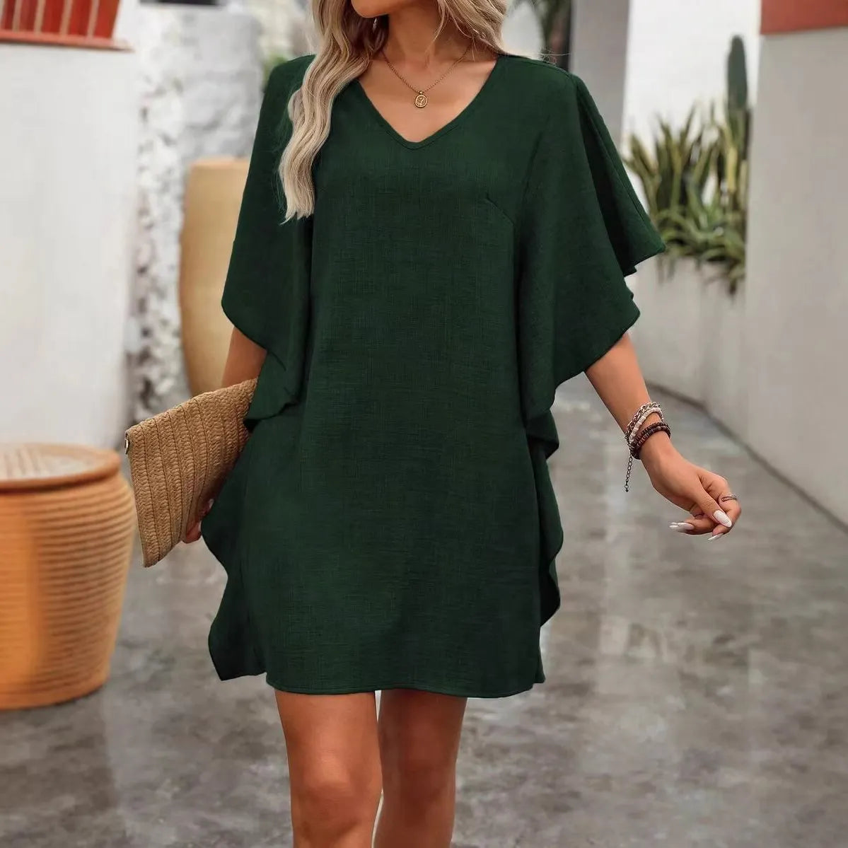 Loose V-Neck Ruffle Sleeve Mini Dress