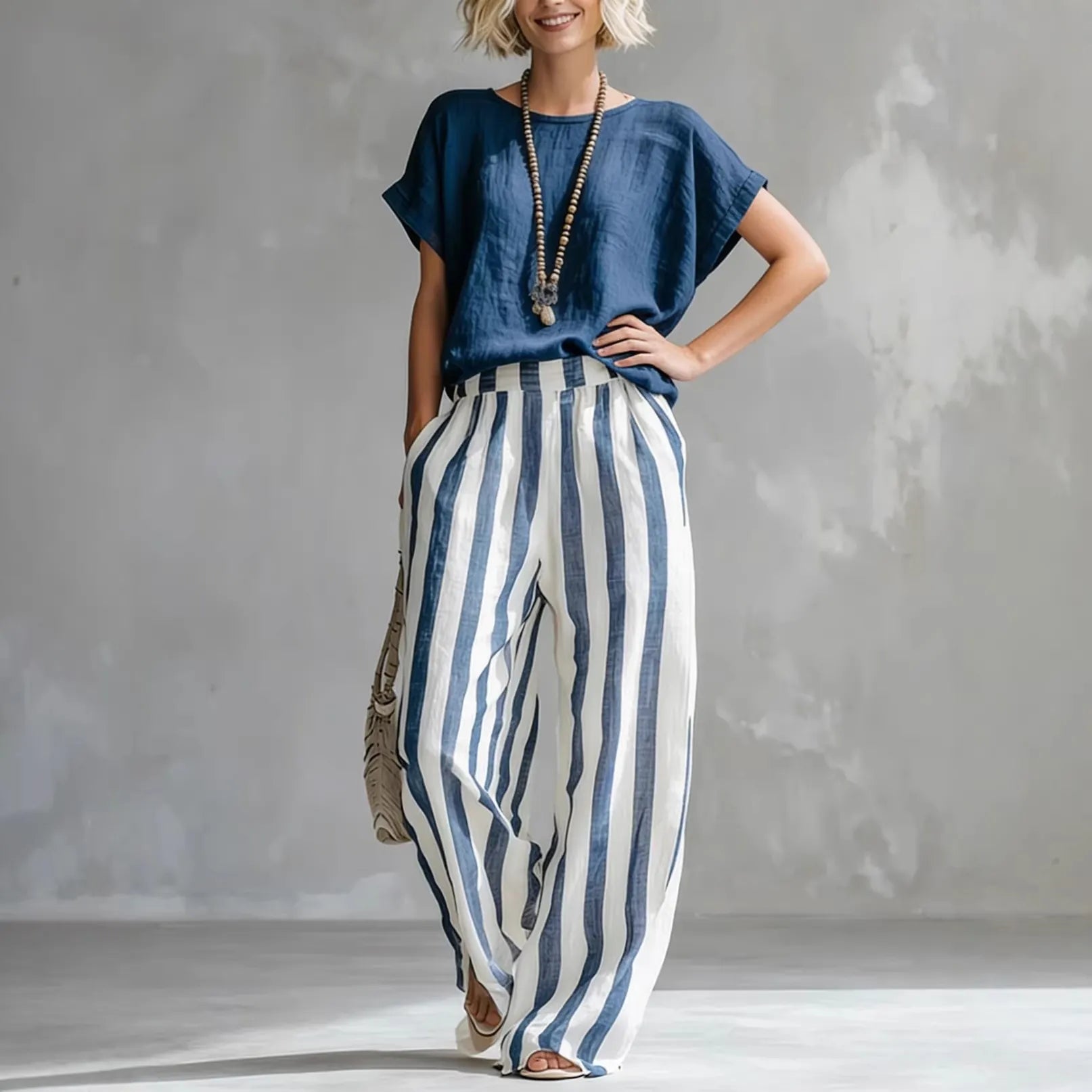 Solid Color Short-Sleeve Top & Striped Wide-Leg Pants Set