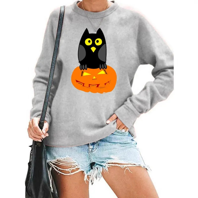 Halloween Owl Pumpkin Print Crew Neck Sweatshirt