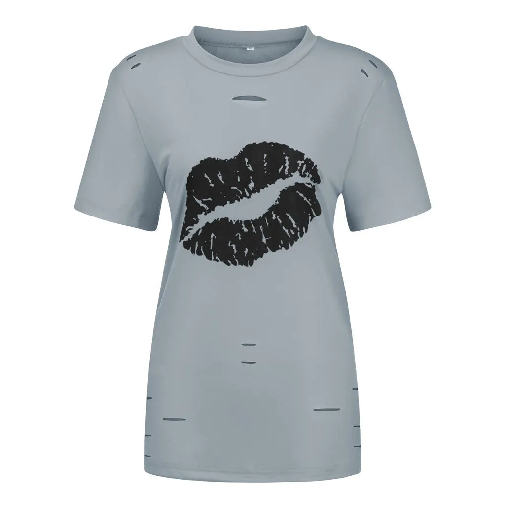 Crew Neck Hollow Out Lip Print Straight Cut Cotton Blend Short Sleeve Commuter Casual Pullover T-shirt