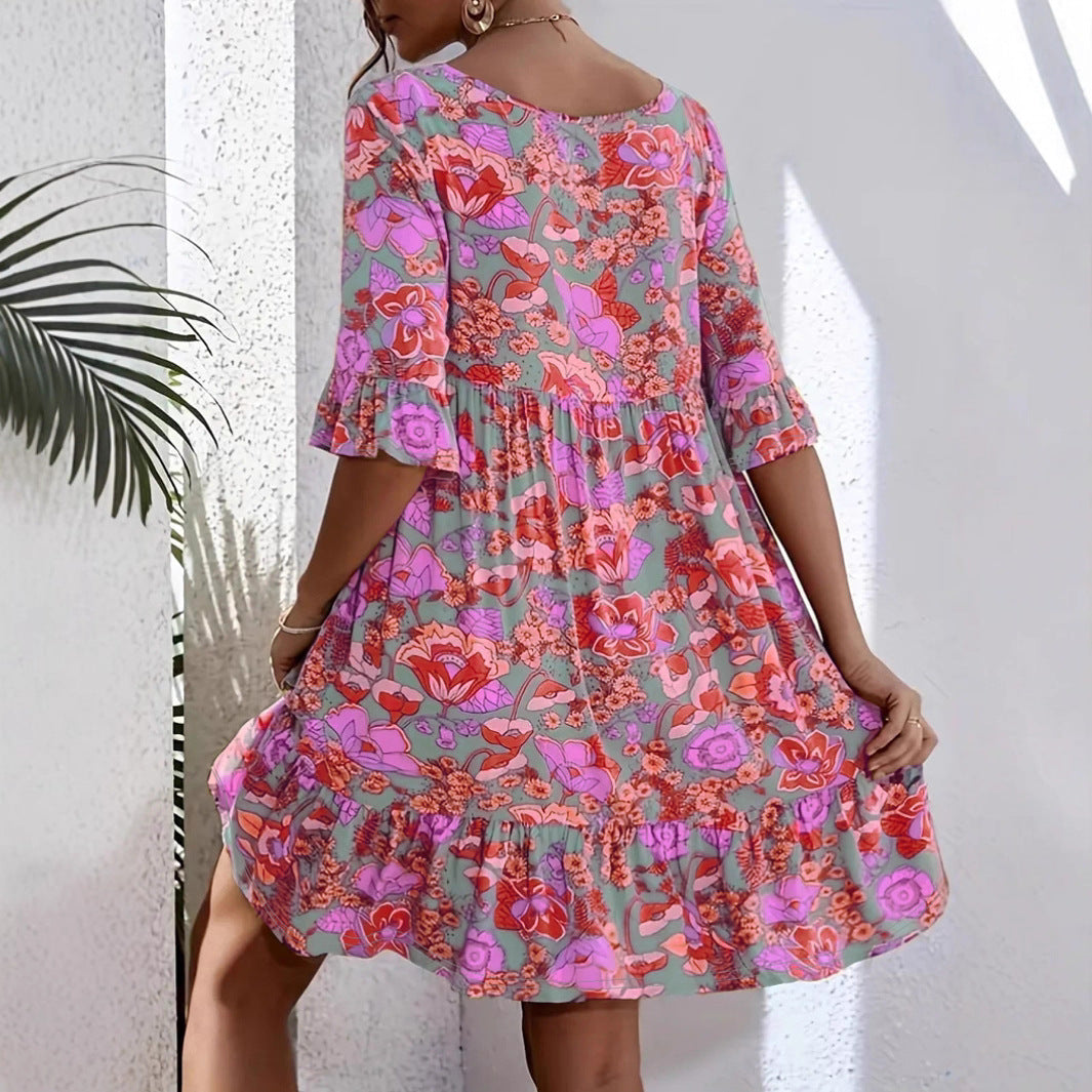 Floral Print Ruffle Hem Mini Dress