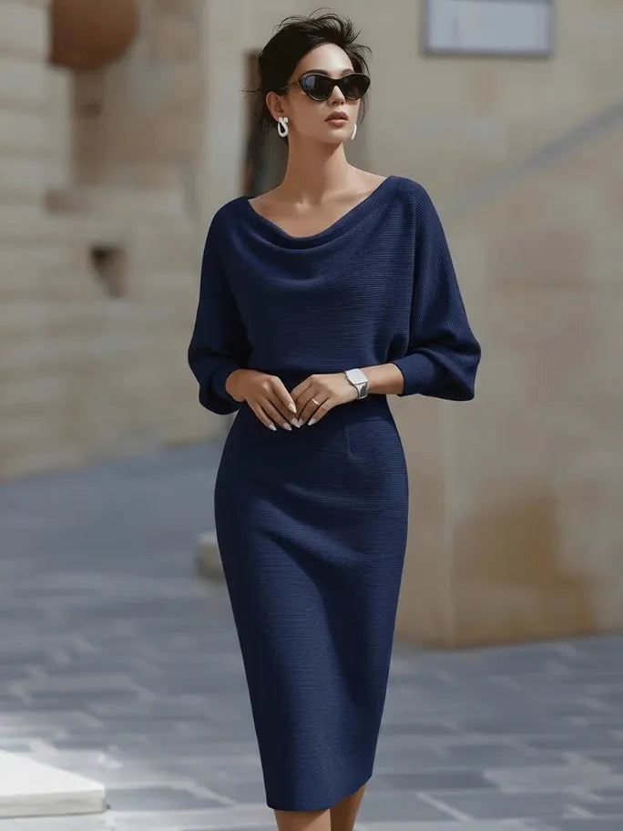 White Boat Neck Batwing Sleeve High-Waisted Knitted Midi Dress