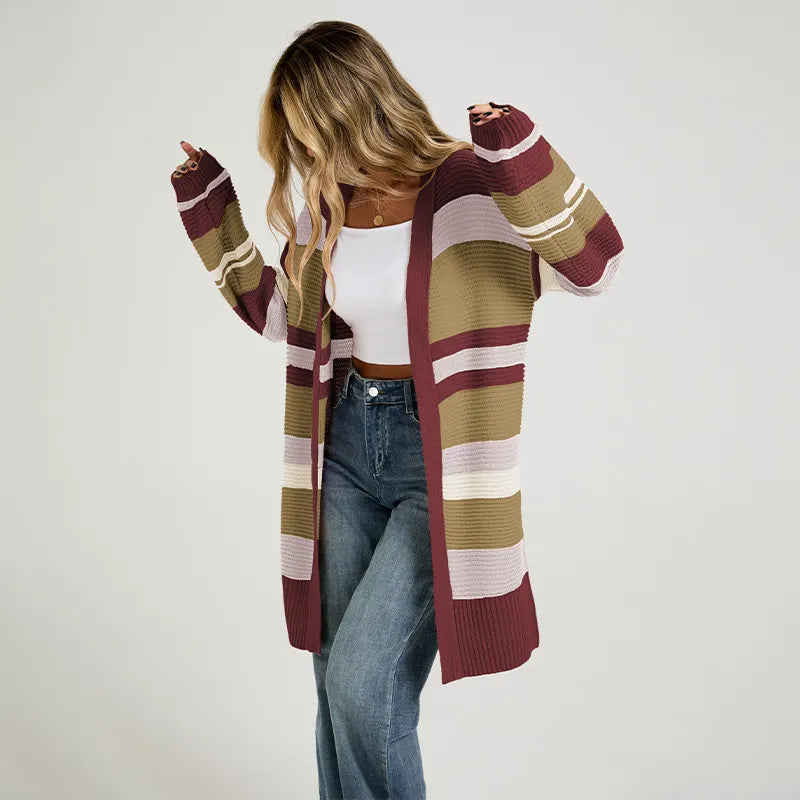 Multi Color Striped Long Open Knit Cardigan Long Sleeve Thumbhole Casual Sweater Coat