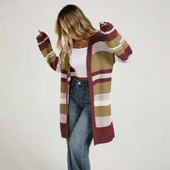 Multi Color Striped Long Open Knit Cardigan Long Sleeve Thumbhole Casual Sweater Coat