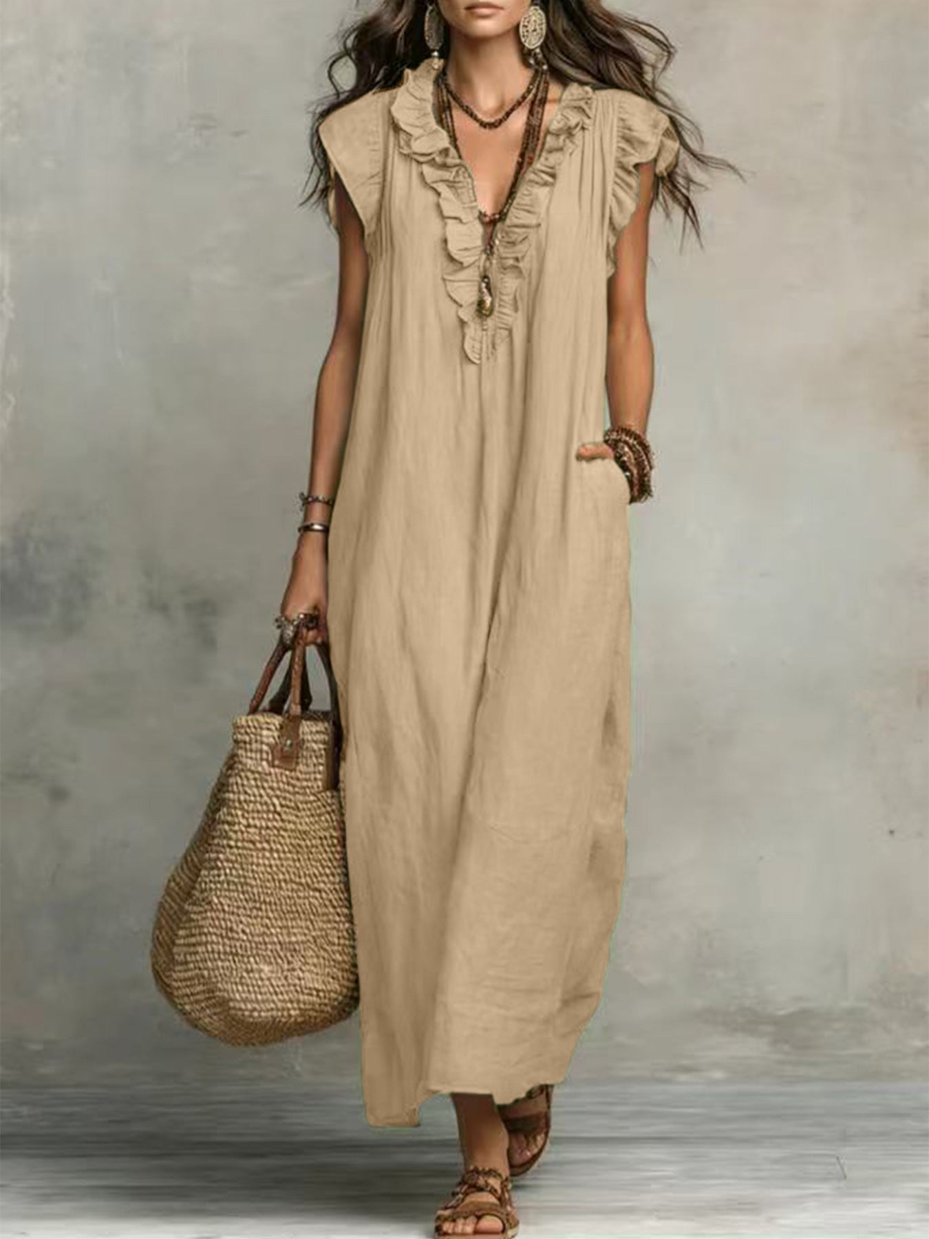 Ruffle-Trimmed Linen-Blend Maxi Dress