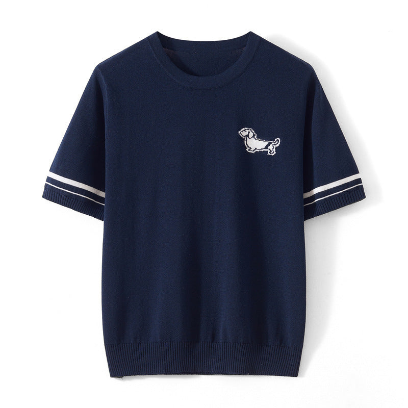 Cute Dog Jacquard Short Sleeve Knit Top