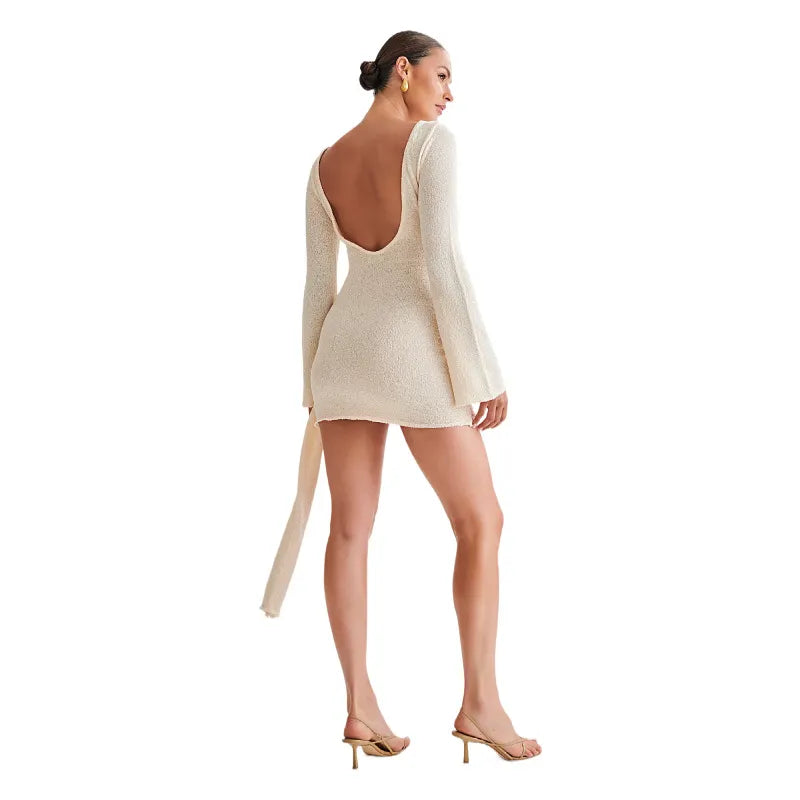 Lime Green Crew Neck Bell Sleeve Mini Dress - Ruched Tie Waist Knit Bodycon Dress
