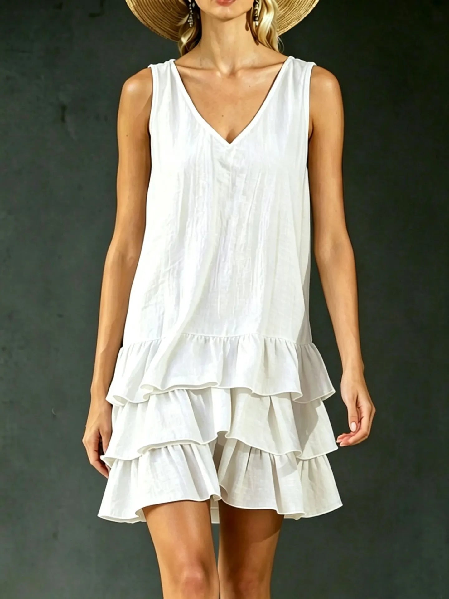 Solid V-Neck Sleeveless Layered Ruffle Spliced Straight Loose Mini Dress