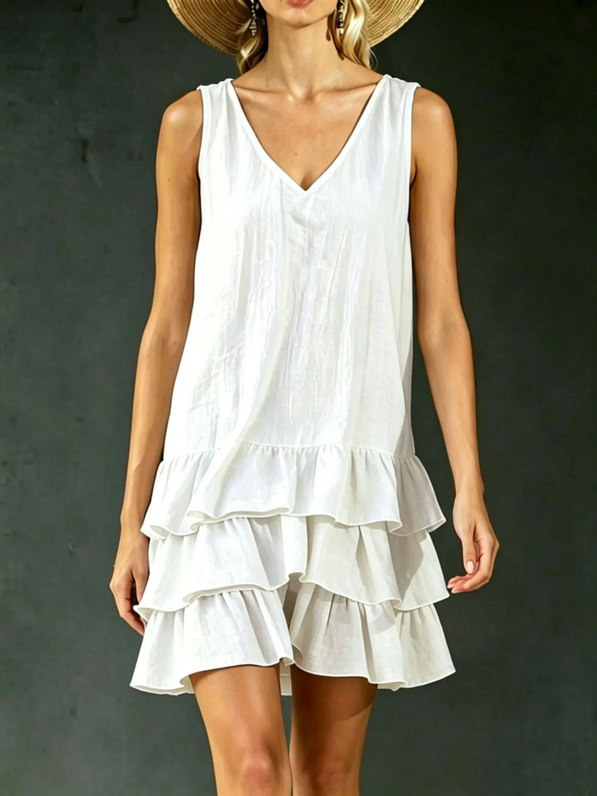 Solid V-Neck Sleeveless Layered Ruffle Spliced Straight Loose Mini Dress
