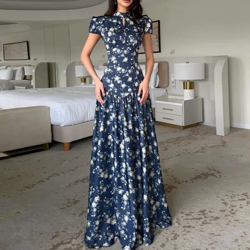 Floral Print Keyhole Neck Maxi Dress