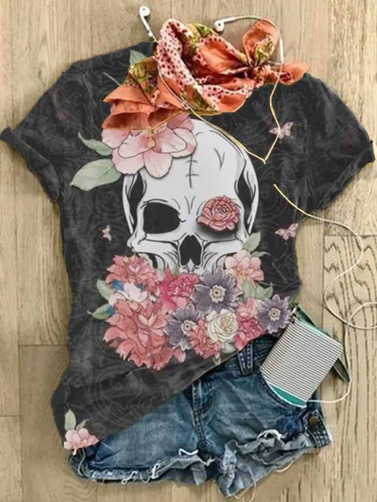 Halloween Skull Face Print Crew Neck Short Sleeve T‑Shirt