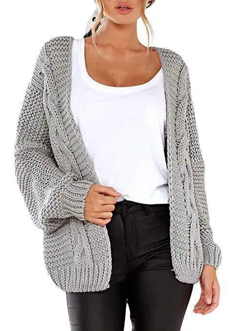 Open Front Cable Knit Sweater Coat Long Sleeve Loose Fit Red Knit Cardigan