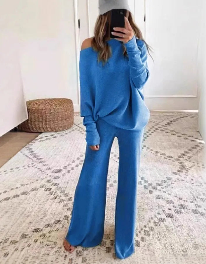 Waffle Knit Off Shoulder Oversized Top Wide Leg Pants Loungewear Set