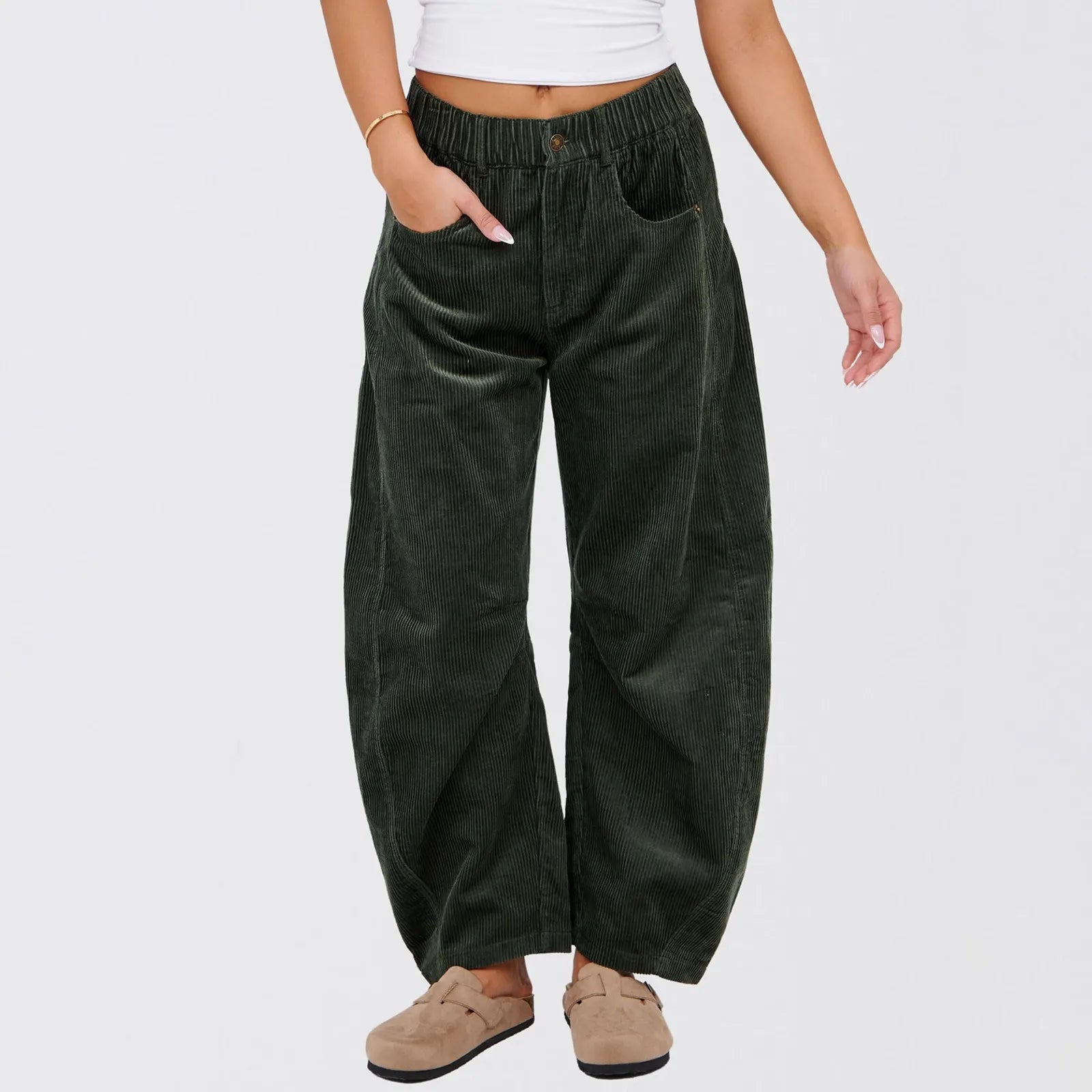 Corduroy Elastic High Waist Barrel Wide Leg Pants