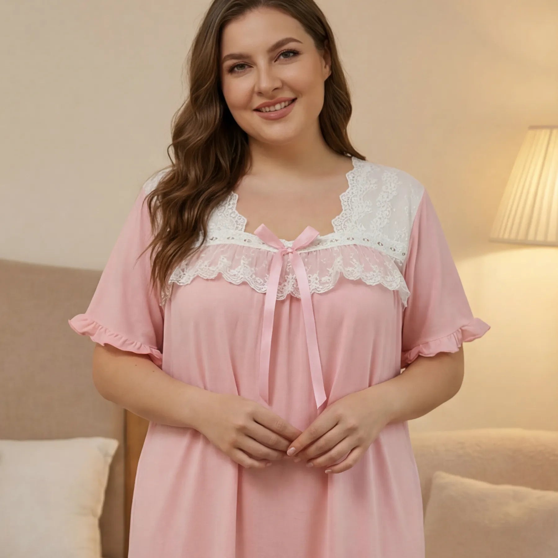 Oversized Pink Nightgown, Romantic Lace V-Neck Bow Decor Short Sleeve Maxi Sleep Dress