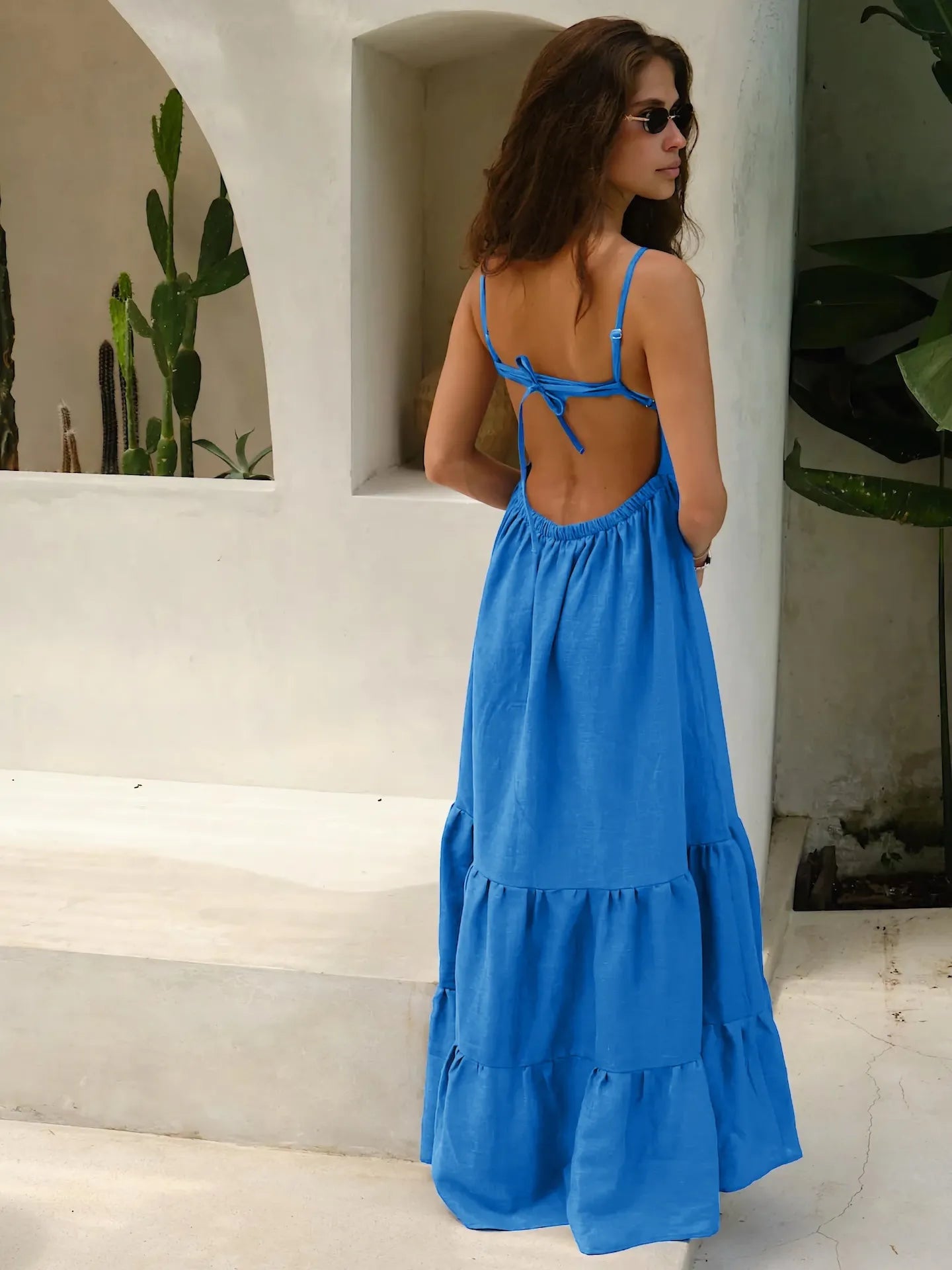 Solid Square Neck Spaghetti Strap Tiered Ruffle Cotton Maxi Dress