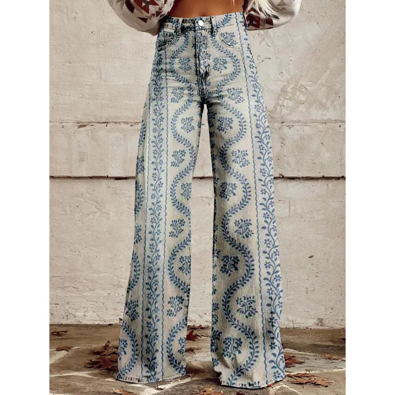 High Waist Western Cowboy Horse Print Wide Leg Pants