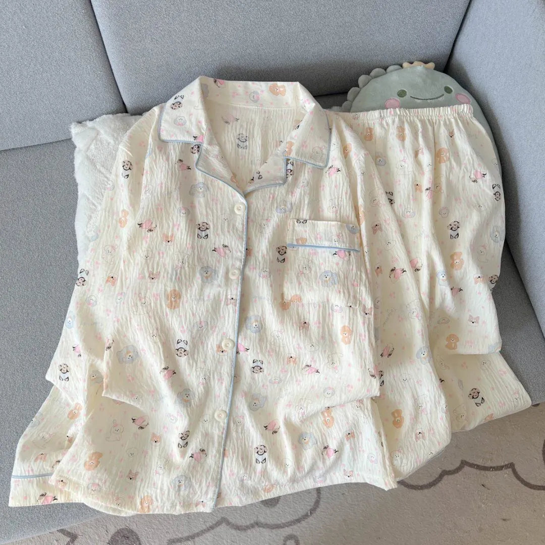 Light Blue Leopard Shirt & Pants 2 Piece Pajamas with Pocket Embroidery