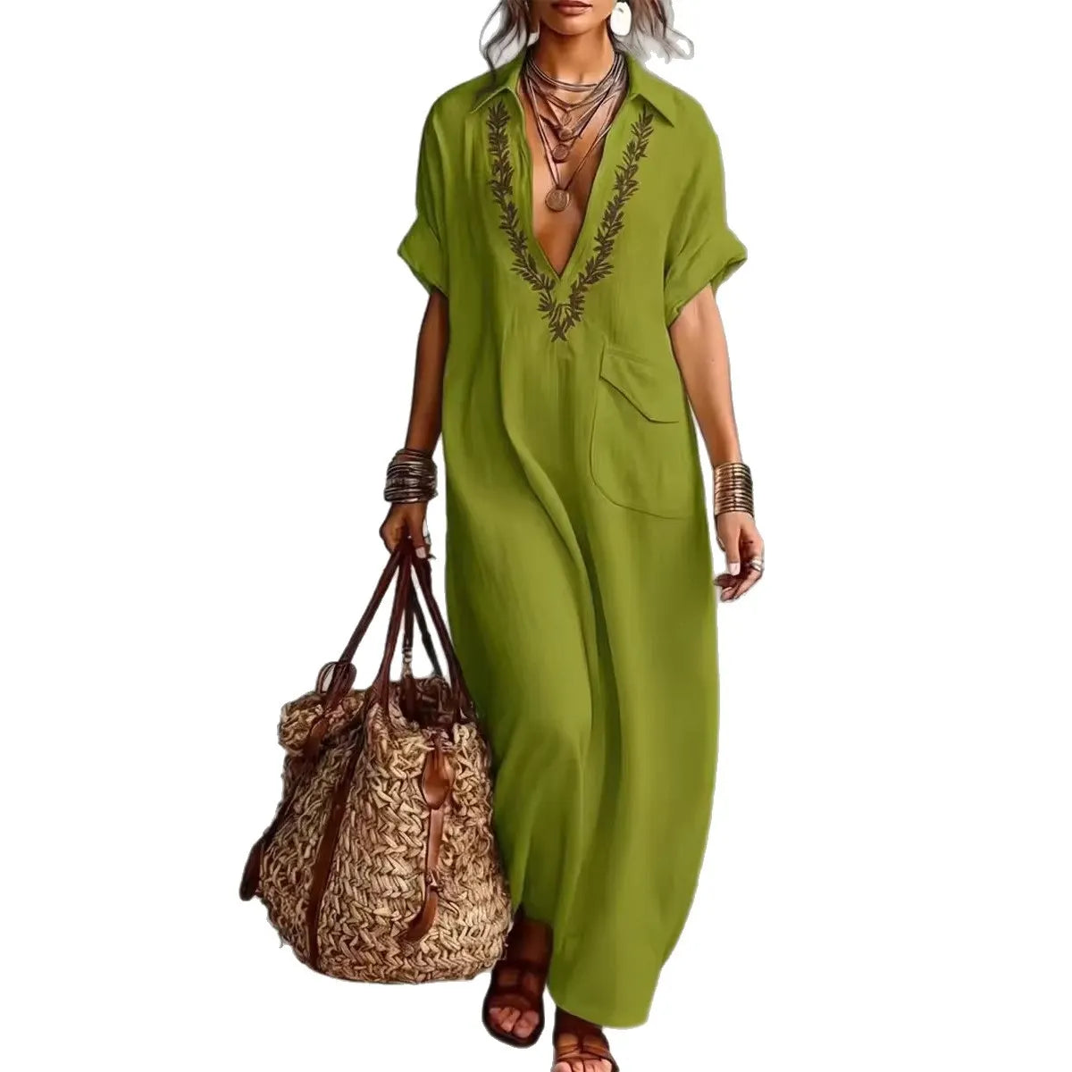Bohemian Embroidered Linen Maxi Dress