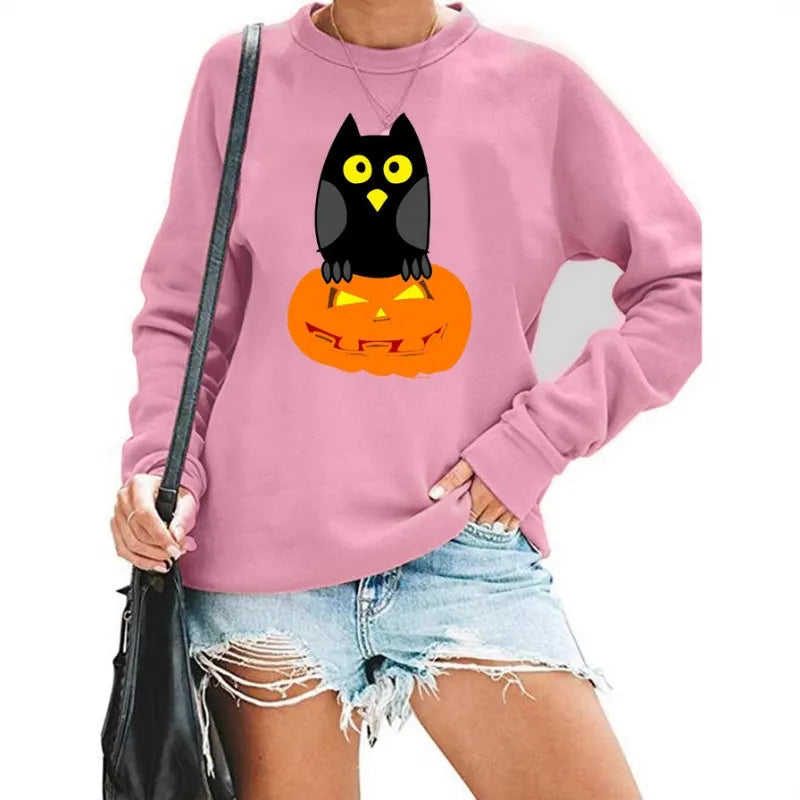 Halloween Owl Pumpkin Print Crew Neck Sweatshirt