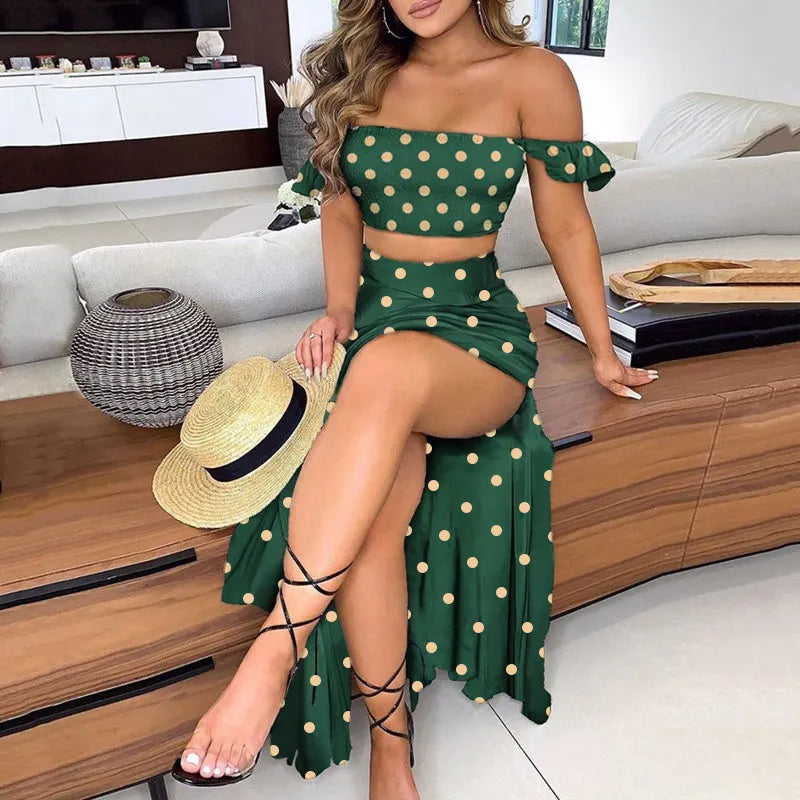Off Shoulder Ruffle Crop Top & Floral Print High Slit Maxi Skirt 2 Piece Outfit Set