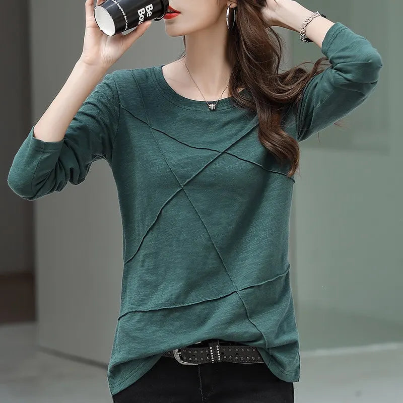 Solid Round Neck Spliced Grinding Pure Cotton Long Sleeve Slim Fit T-Shirt