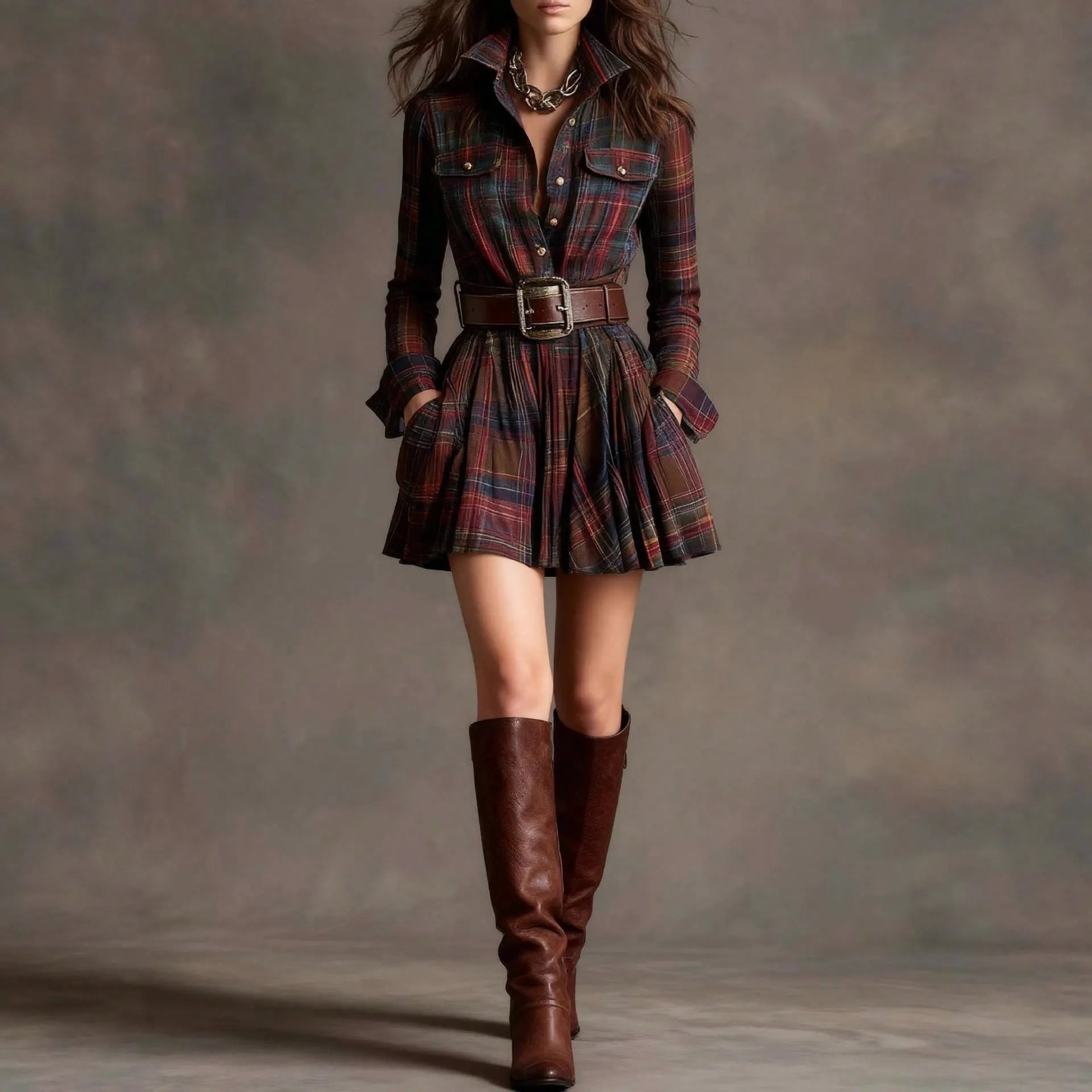 Long Sleeve Plaid Belted Pleated Mini Shirt Dress