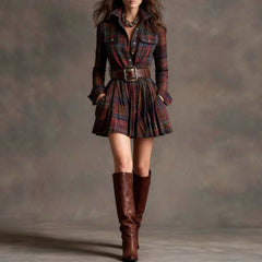 Long Sleeve Plaid Belted Pleated Mini Shirt Dress