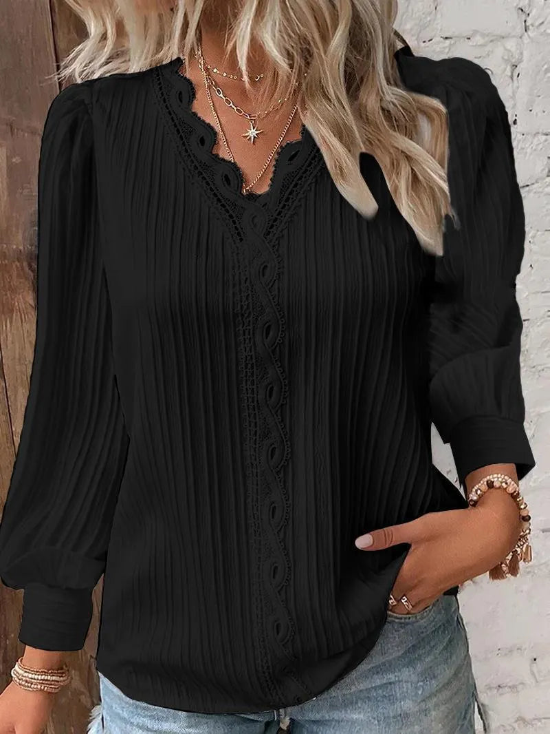 White Lace Trim Blouse, V-Neck Puff Sleeve Textured Long Sleeve Top