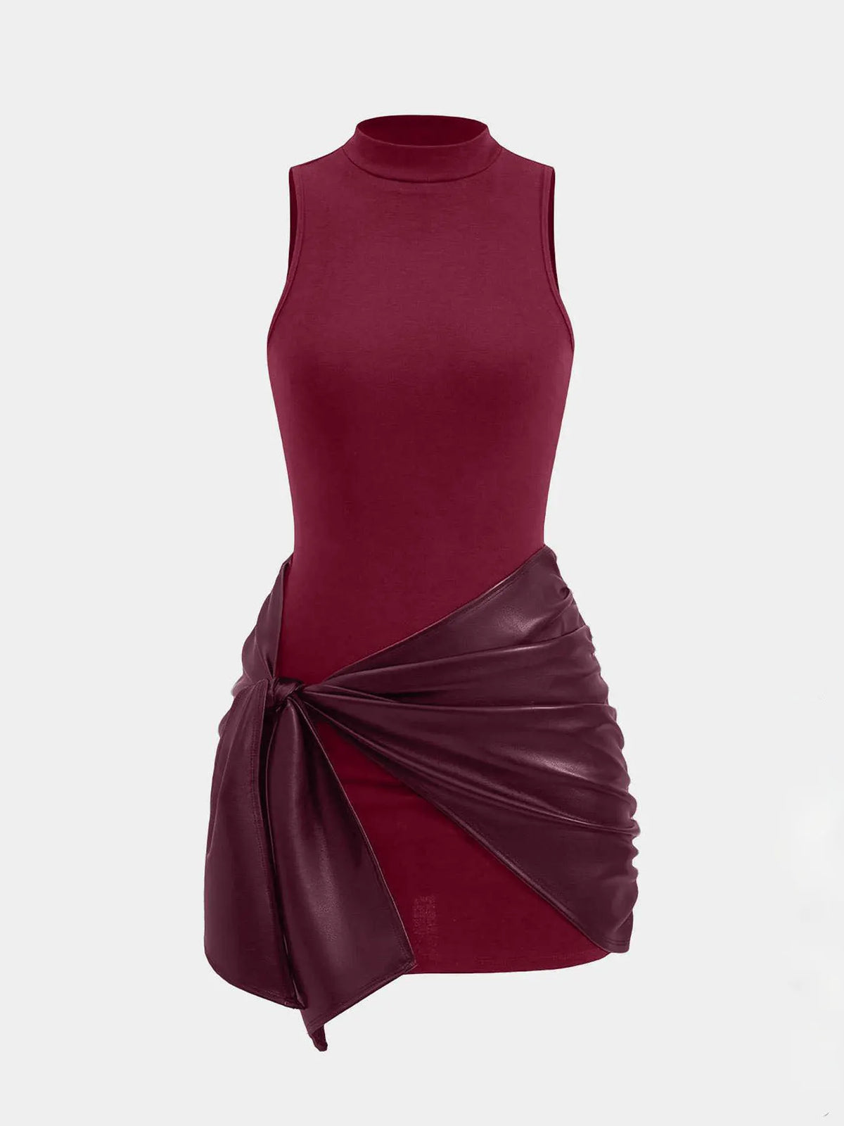 Mock Neck Bodycon Dress, Faux Leather Wrap Tie Detail Mini Dress
