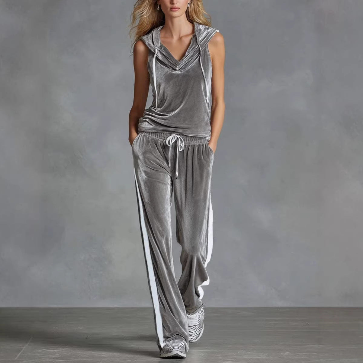 Velvet Sleeveless Hoodie and Wide Leg Pants 2 Piece Set