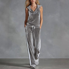 Velvet Sleeveless Hoodie and Wide Leg Pants 2 Piece Set