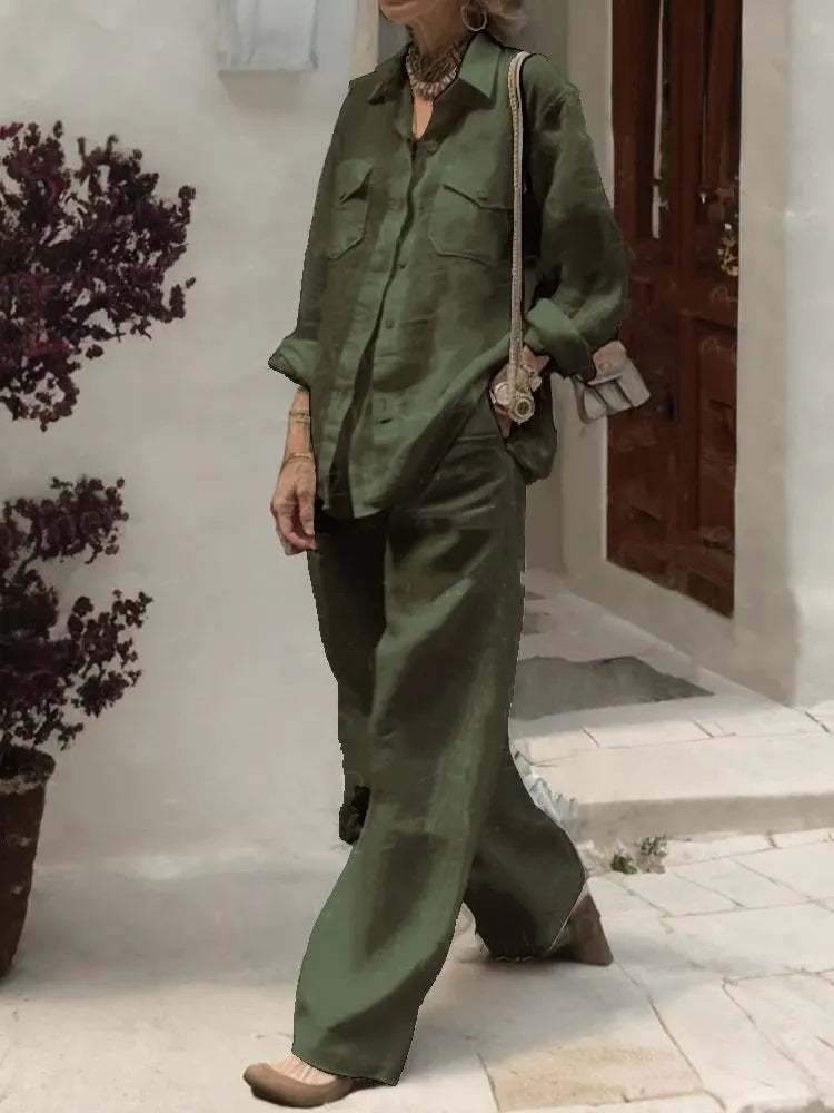 Linen Blend 2-Piece Outfit, Long Sleeve Button-Down Shirt and Wide Leg Pants Set