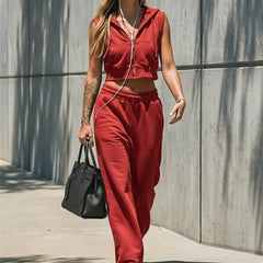Sleeveless Zip Front Knit Vest & Elastic Waist Pants