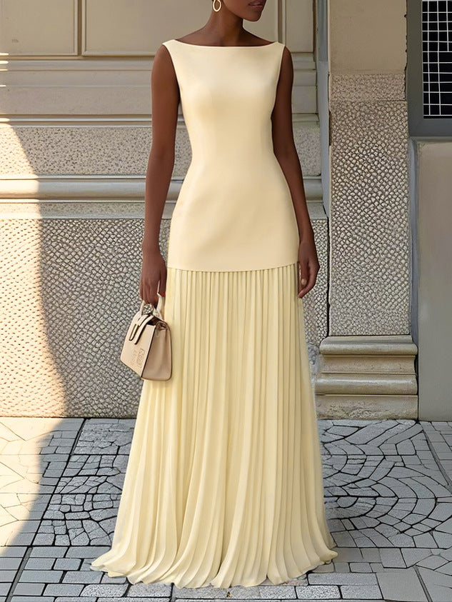 Solid Boat-Neck Top & Pleated Maxi Skirt Two-Piece Set