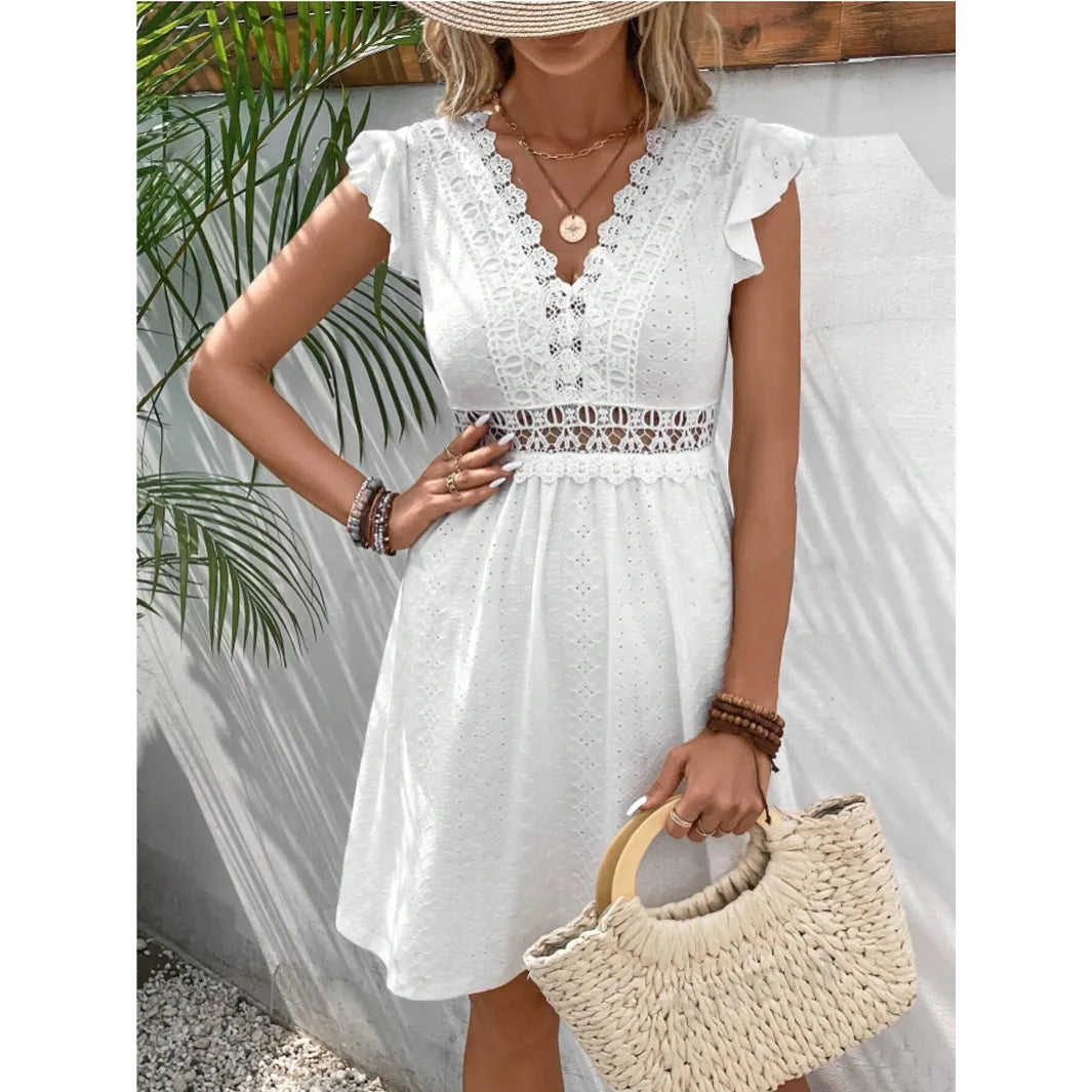 V Neck Eyelet Embroidery Ruffle Cap Sleeve Mini Dress