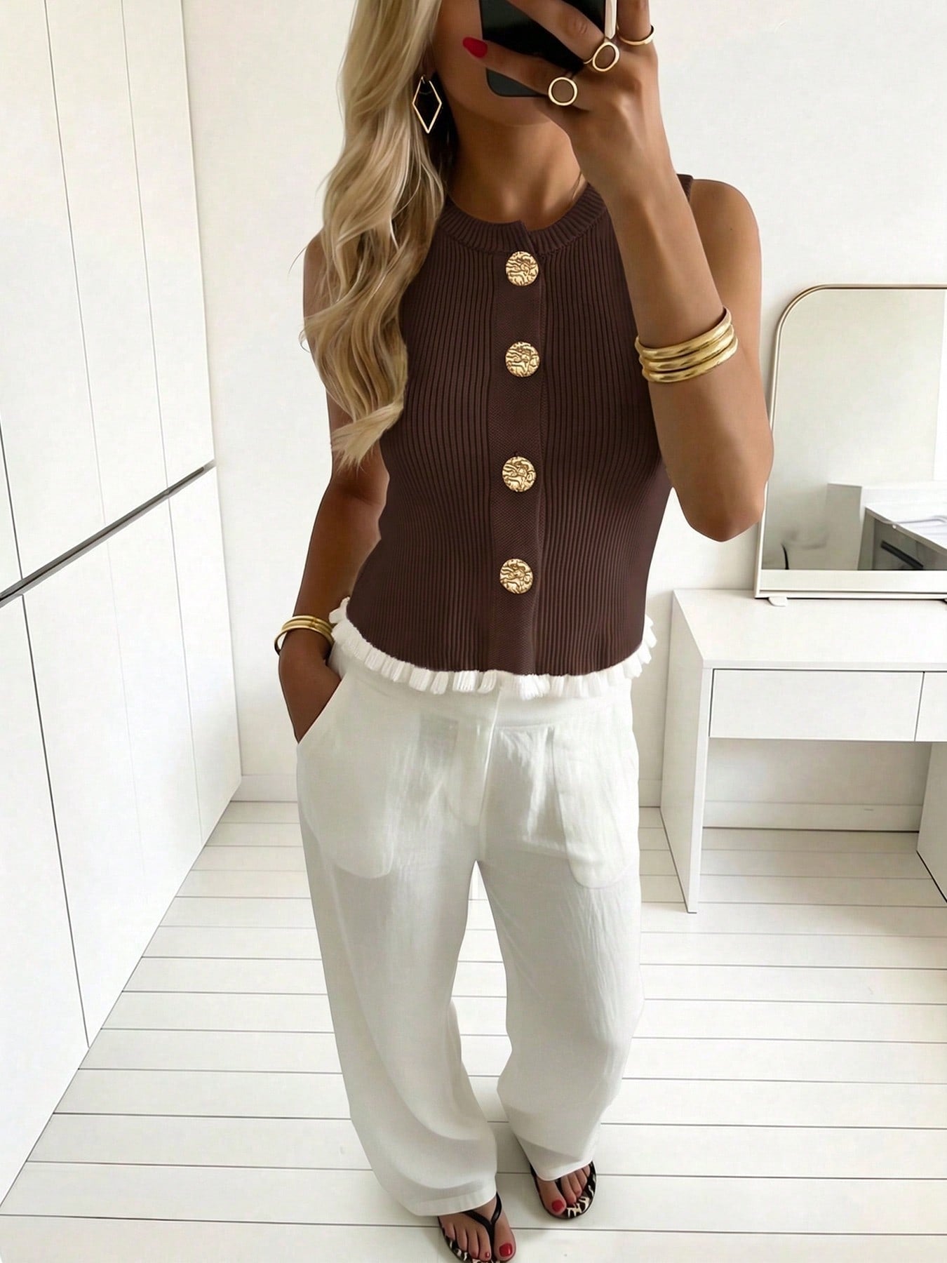 Brown Ribbed Knit Sleeveless Crop Top